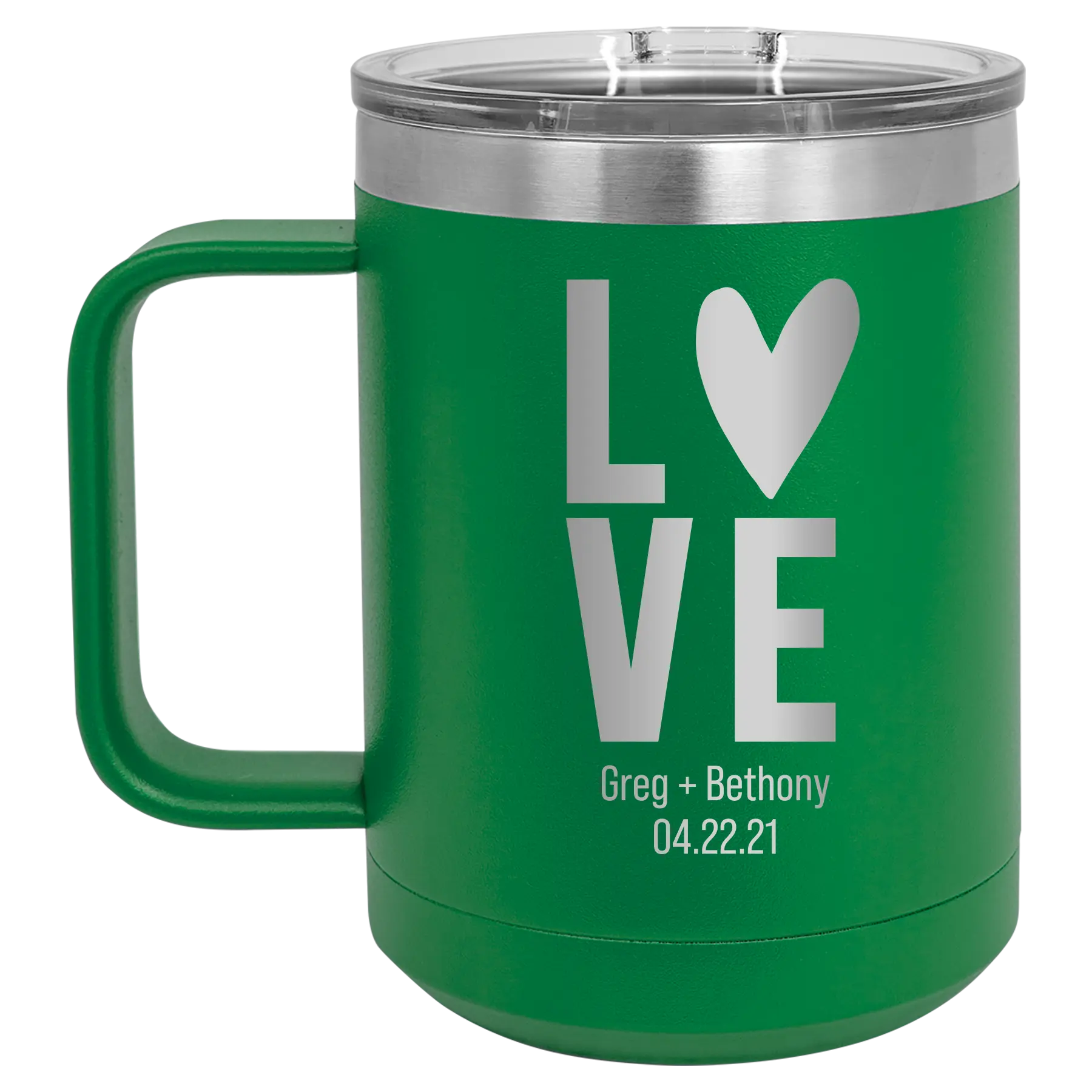 Personalized green 15 oz vacuum insulated coffee mug with 'Heart Love' design
