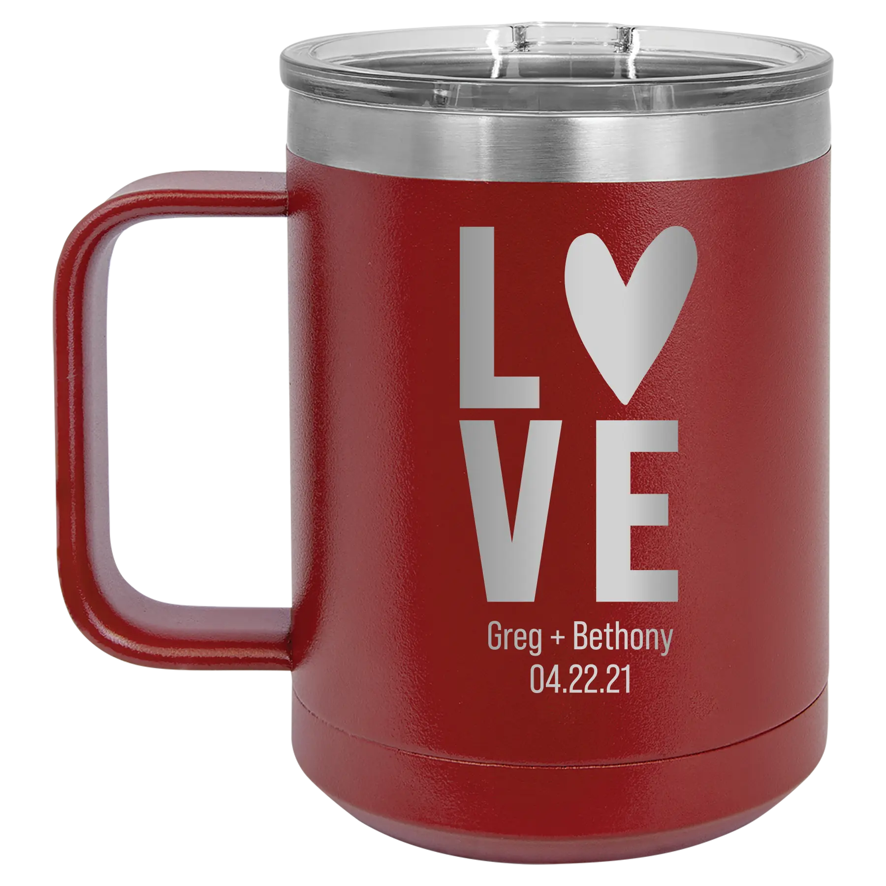Personalized maroon 15 oz vacuum insulated coffee mug with 'Heart Love' design