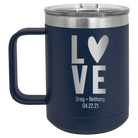 Personalized navy 15 oz vacuum insulated coffee mug with 'Heart Love' design