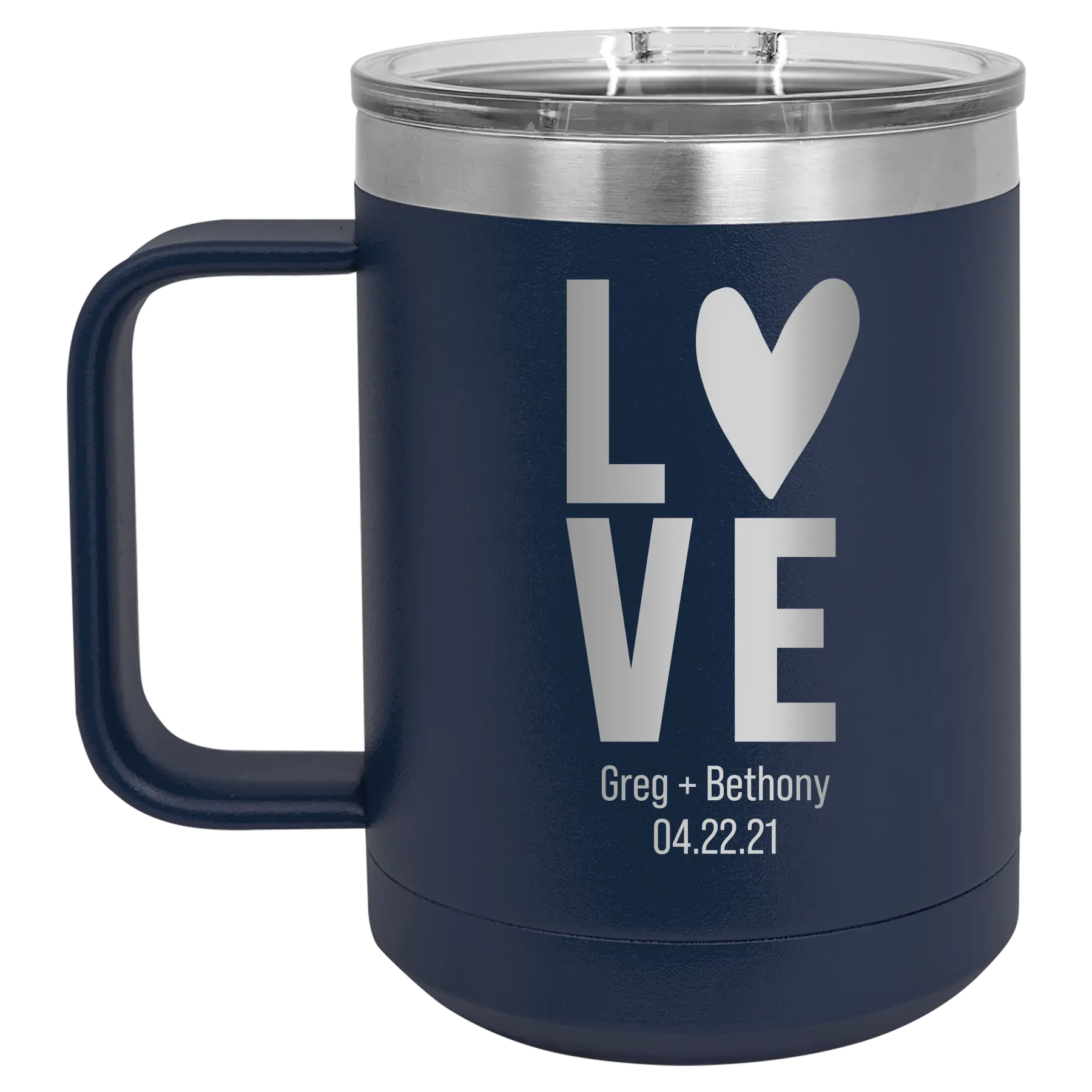 Personalized navy 15 oz vacuum insulated coffee mug with 'Heart Love' design