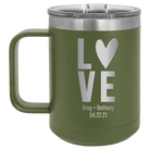 Personalized olive green 15 oz vacuum insulated coffee mug with 'Heart Love' design