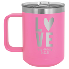 Personalized pink 15 oz vacuum insulated coffee mug with 'Heart Love' design