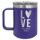 Personalized purple 15 oz vacuum insulated coffee mug with 'Heart Love' design