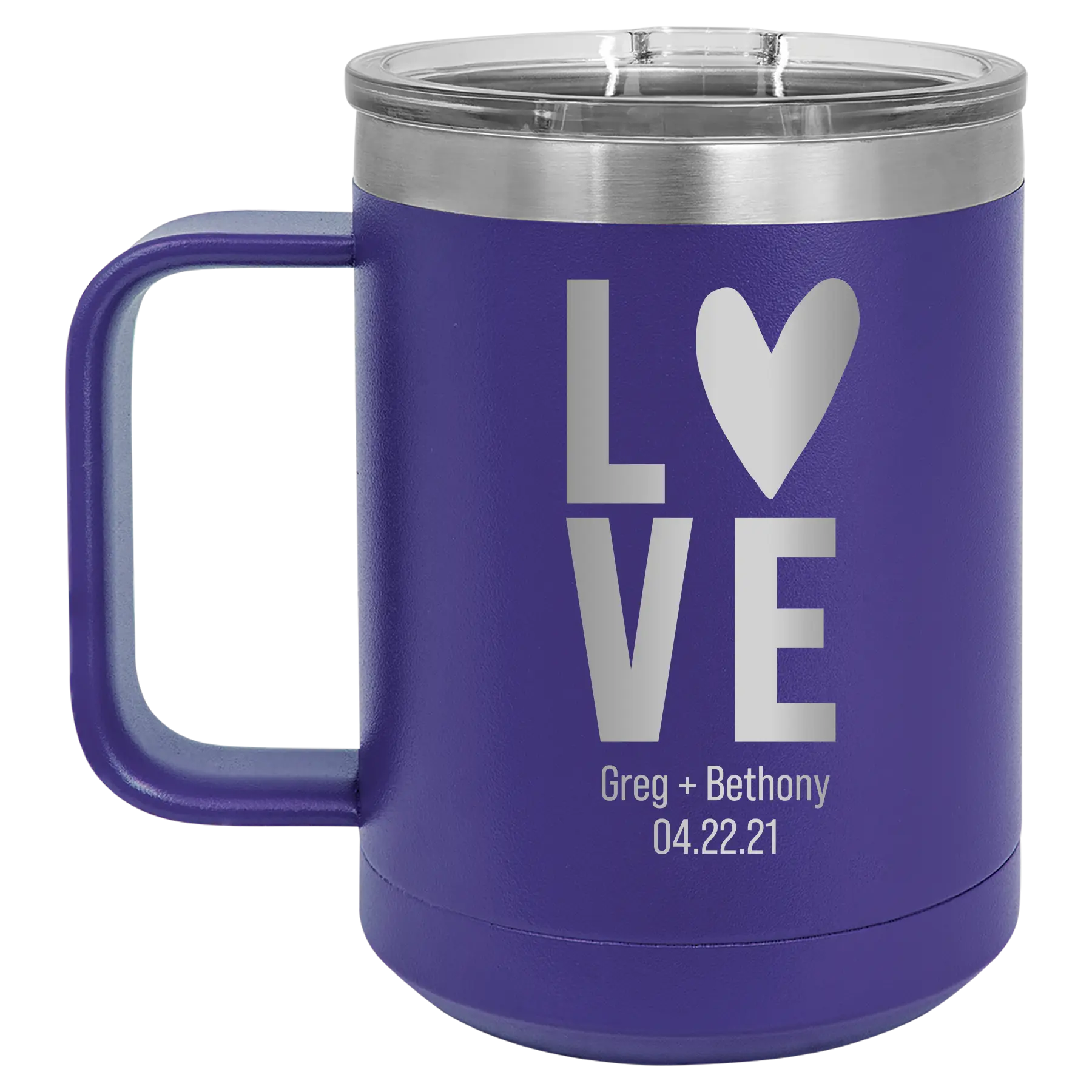 Personalized purple 15 oz vacuum insulated coffee mug with 'Heart Love' design