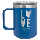 Personalized royal blue 15 oz vacuum insulated coffee mug with 'Heart Love' design