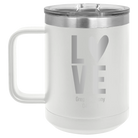 Personalized white 15 oz vacuum insulated coffee mug with 'Heart Love' design