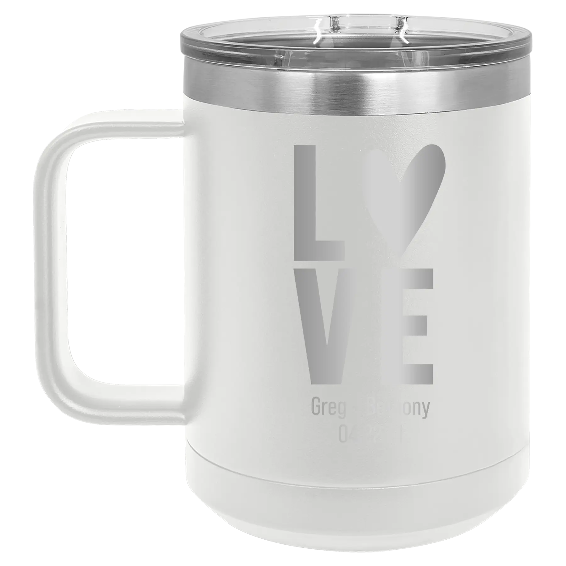 Personalized white 15 oz vacuum insulated coffee mug with 'Heart Love' design