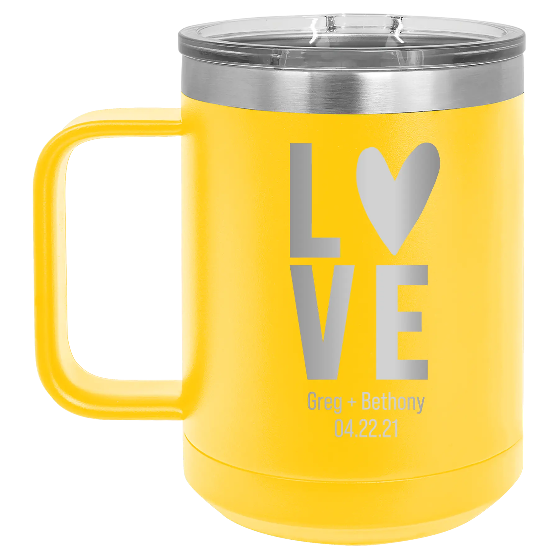 Personalized yellow 15 oz vacuum insulated coffee mug with 'Heart Love' design