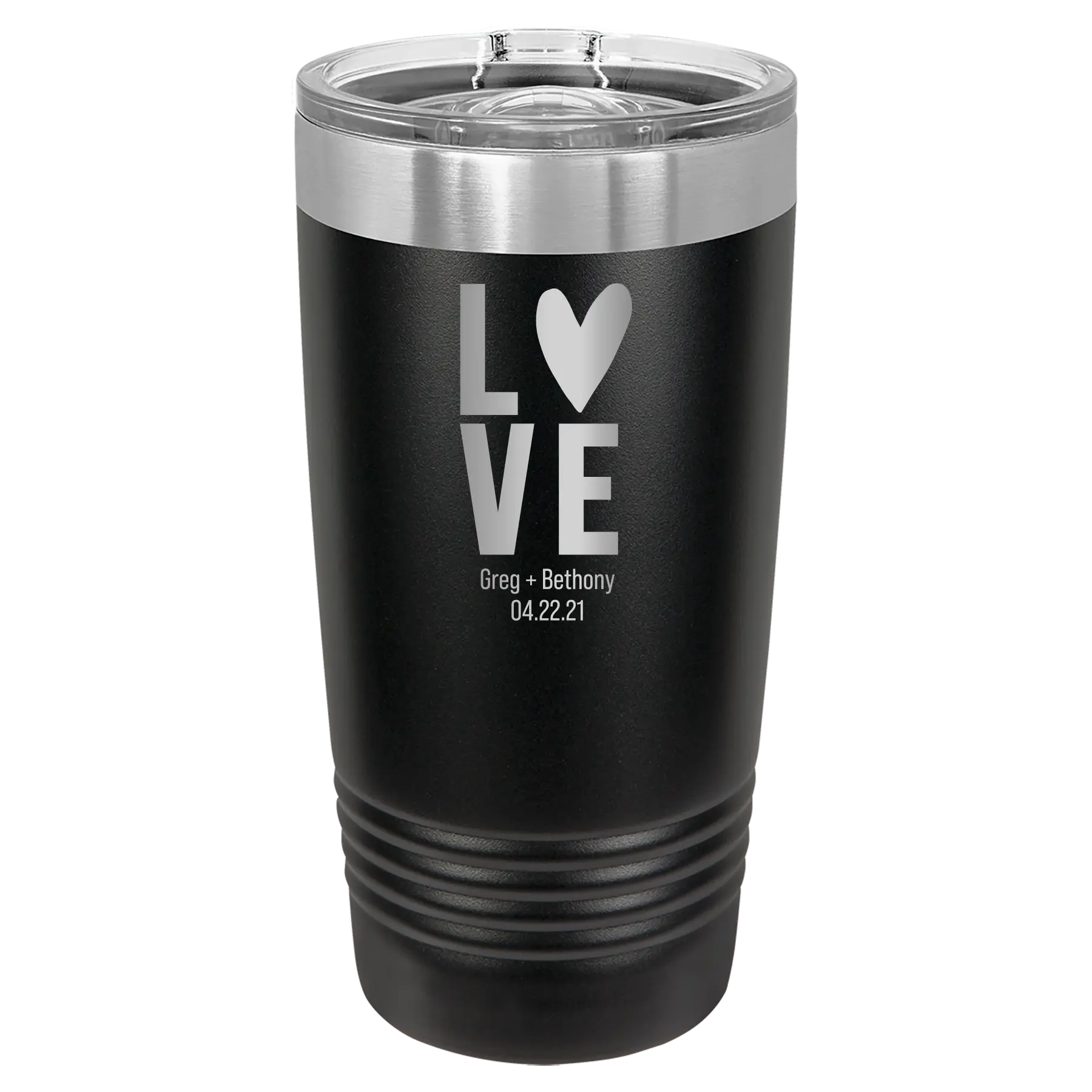 Personalized black 20 oz vacuum insulated tumbler with 'Heart Love' design