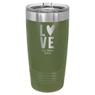 Personalized olive green 20 oz vacuum insulated tumbler with 'Heart Love' design