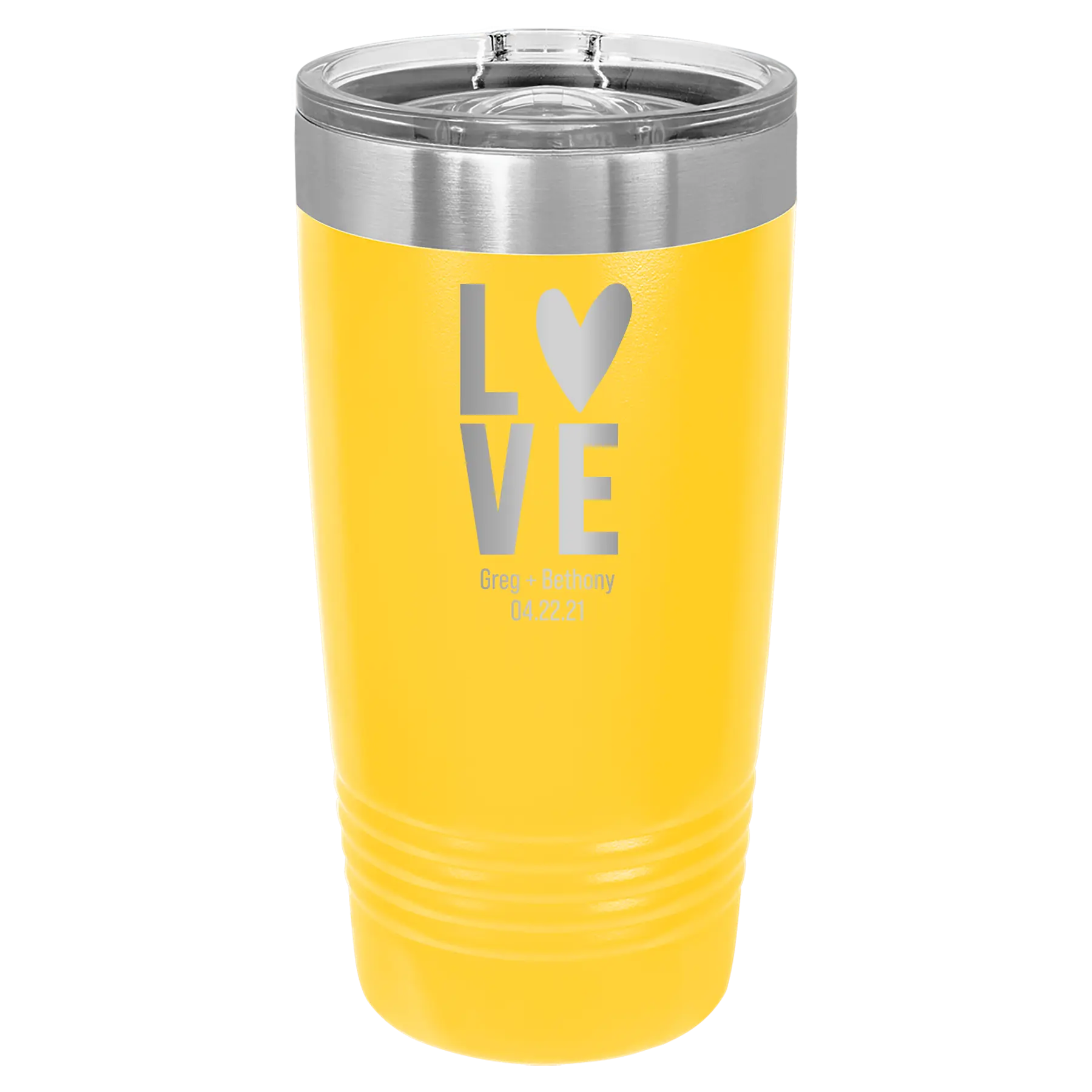 Personalized yellow 20 oz vacuum insulated tumbler with 'Heart Love' design