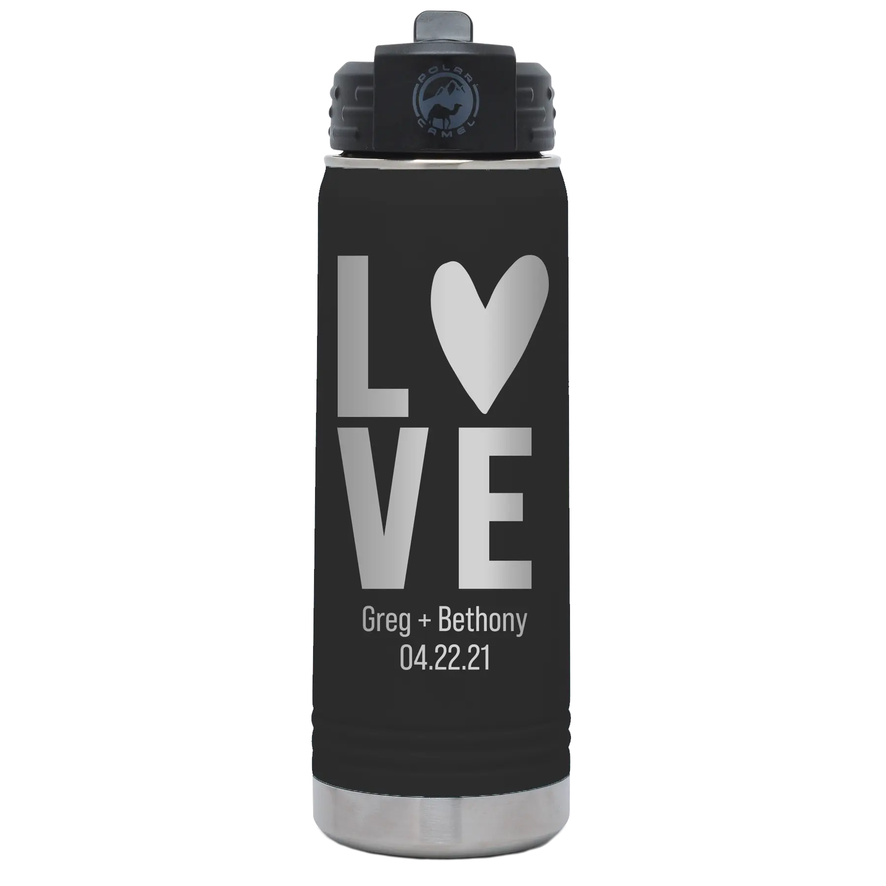 Personalized black 20 oz vacuum insulated water bottle with 'Heart Love' design