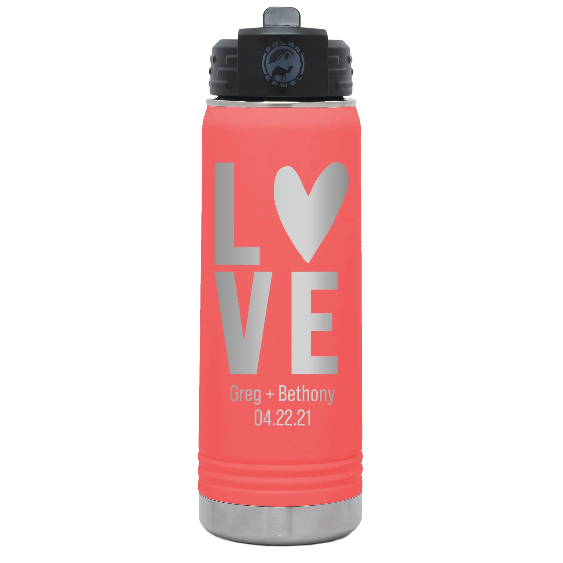 Personalized coral 20 oz vacuum insulated water bottle with 'Heart Love' design