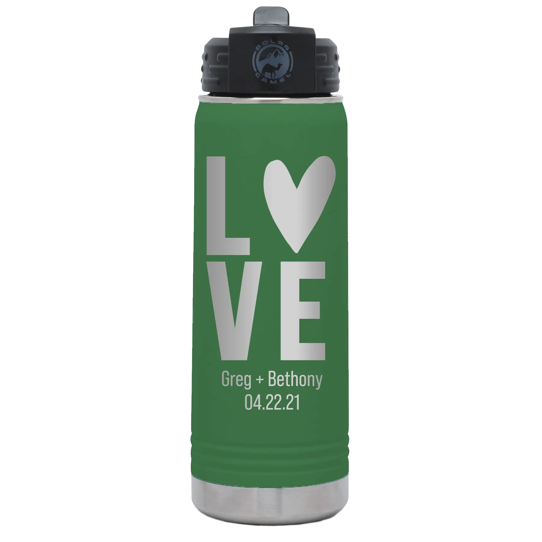 Personalized green 20 oz vacuum insulated water bottle with 'Heart Love' design