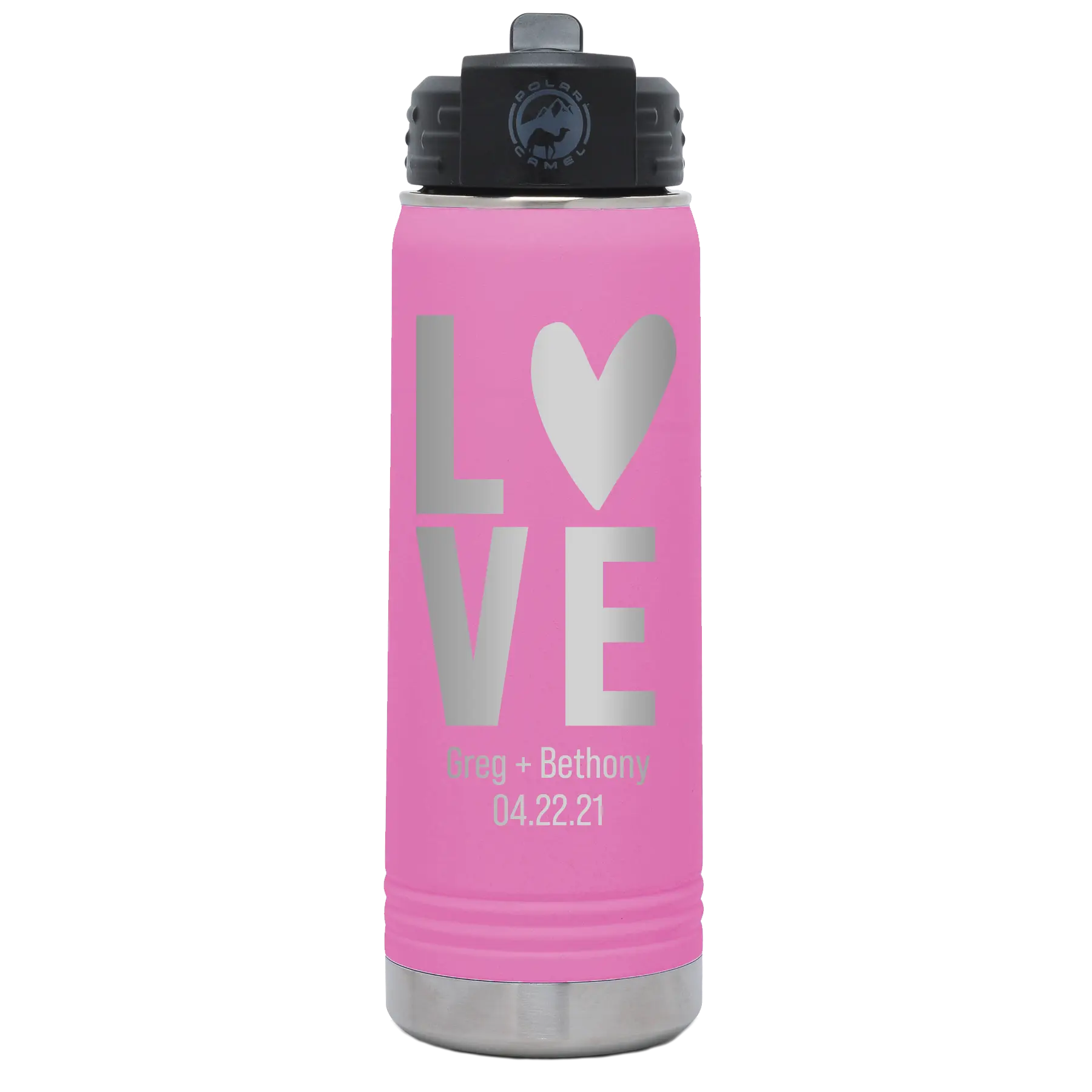 Personalized light purple 20 oz vacuum insulated water bottle with 'Heart Love' design