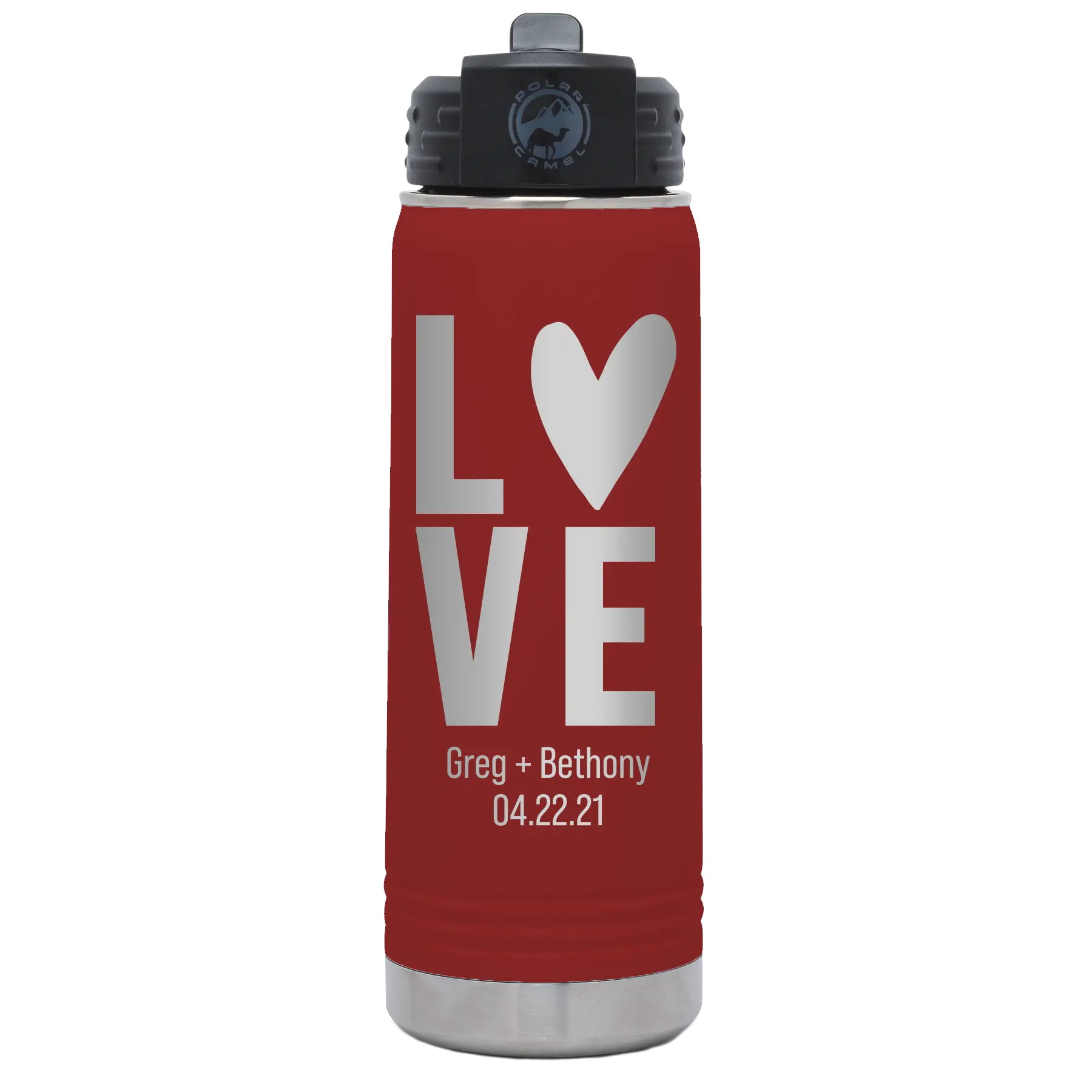 Personalized maroon 20 oz vacuum insulated water bottle with 'Heart Love' design