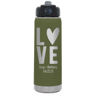 Personalized olive green 20 oz vacuum insulated water bottle with 'Heart Love' design