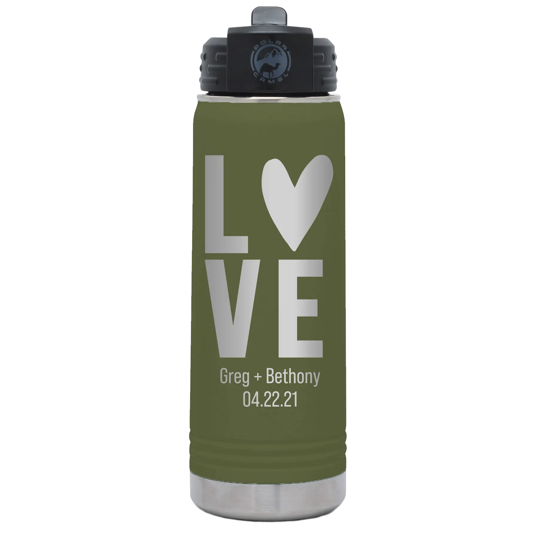 Personalized olive green 20 oz vacuum insulated water bottle with 'Heart Love' design