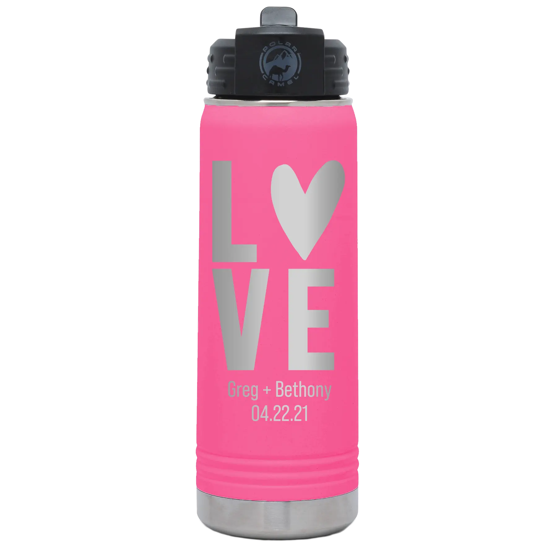Personalized pink 20 oz vacuum insulated water bottle with 'Heart Love' design