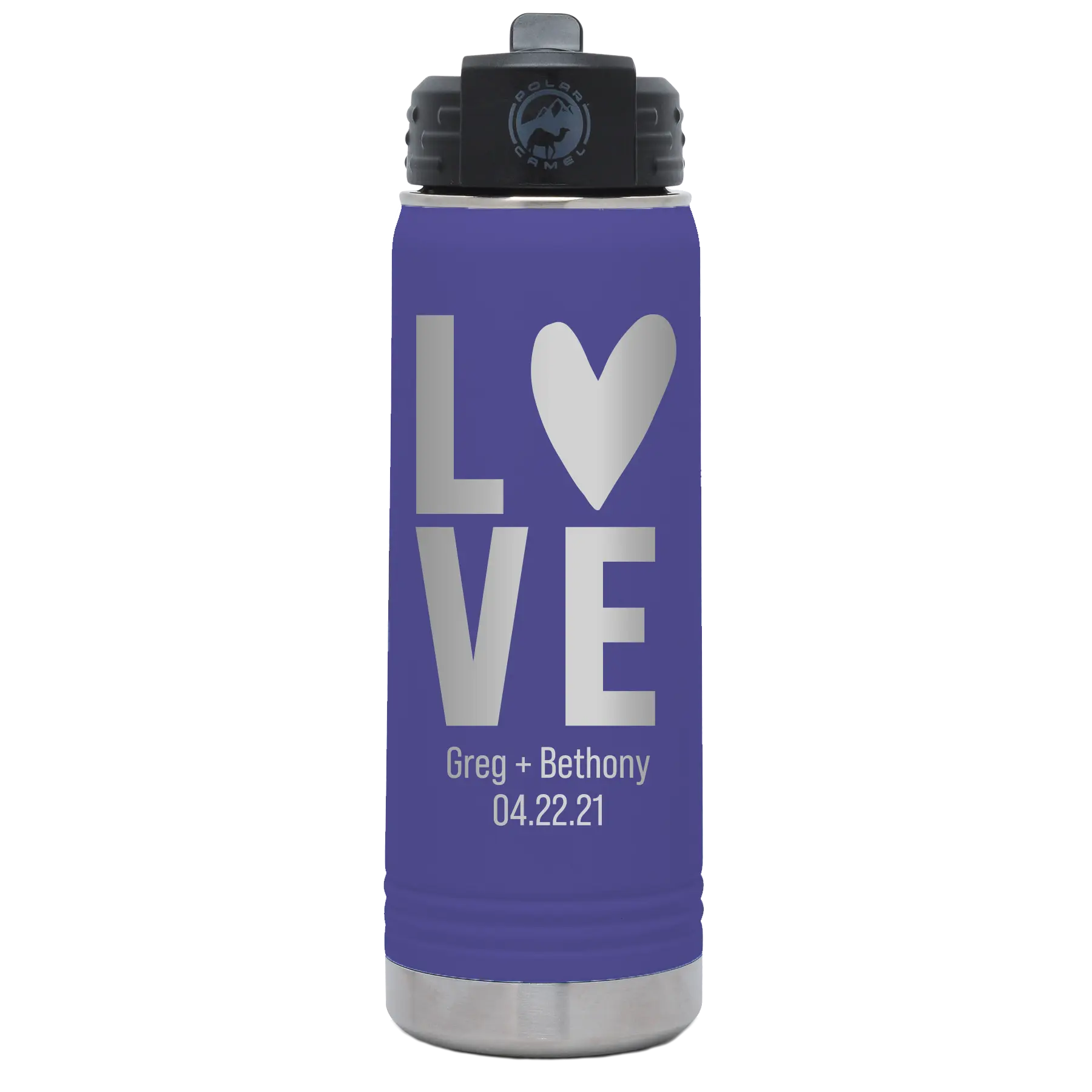 Personalized purple 20 oz vacuum insulated water bottle with 'Heart Love' design