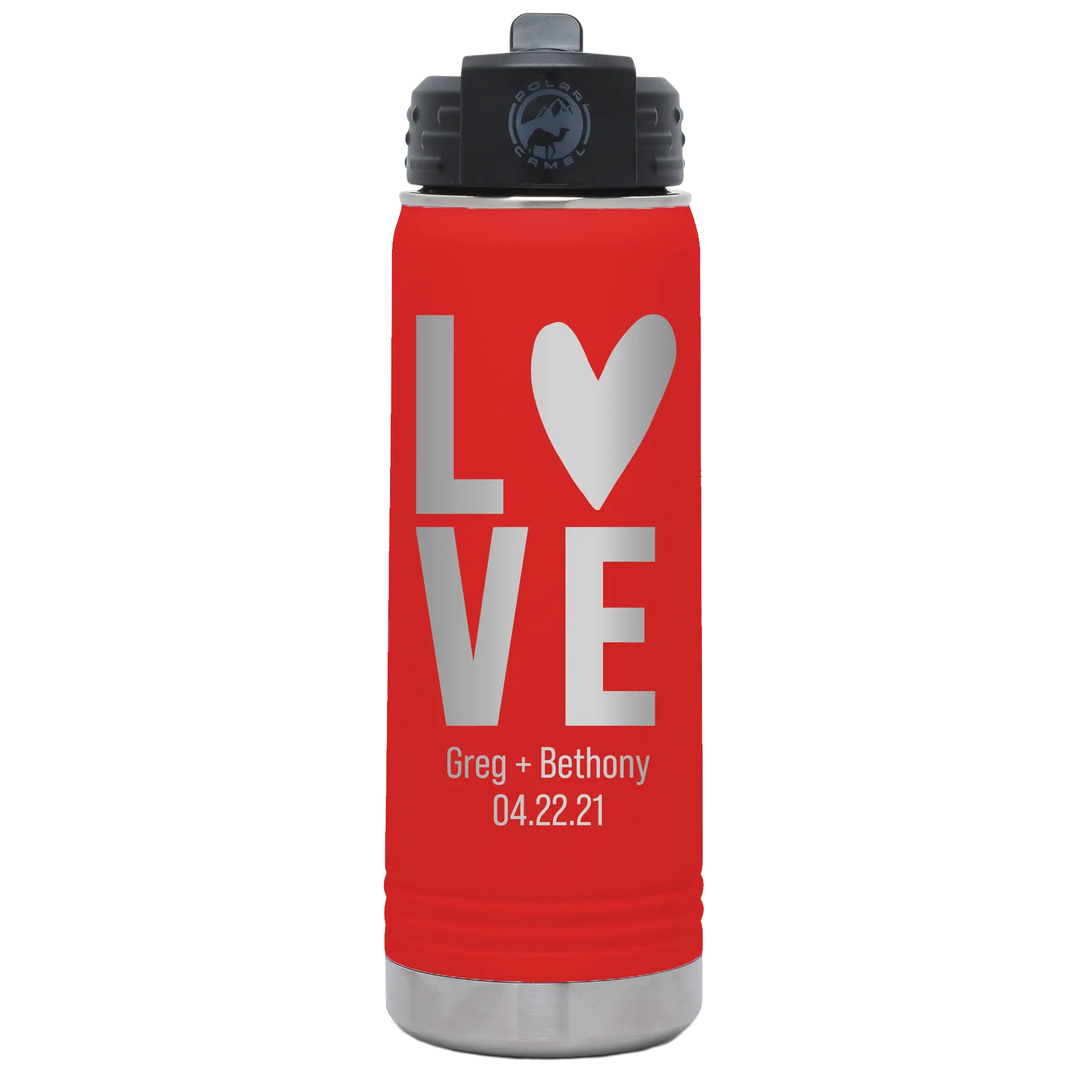 Personalized red 20 oz vacuum insulated water bottle with 'Heart Love' design