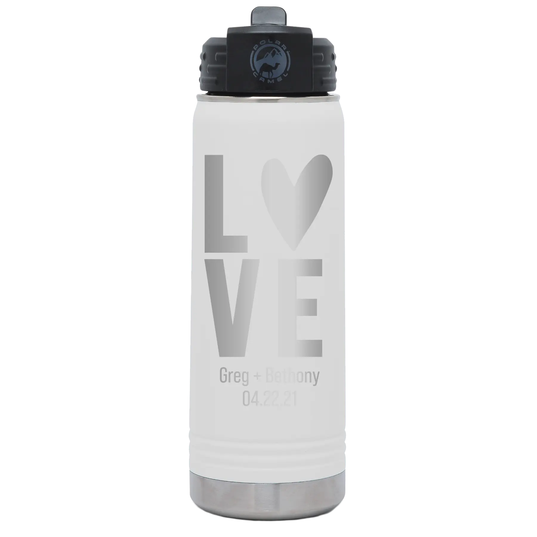 Personalized white 20 oz vacuum insulated water bottle with 'Heart Love' design