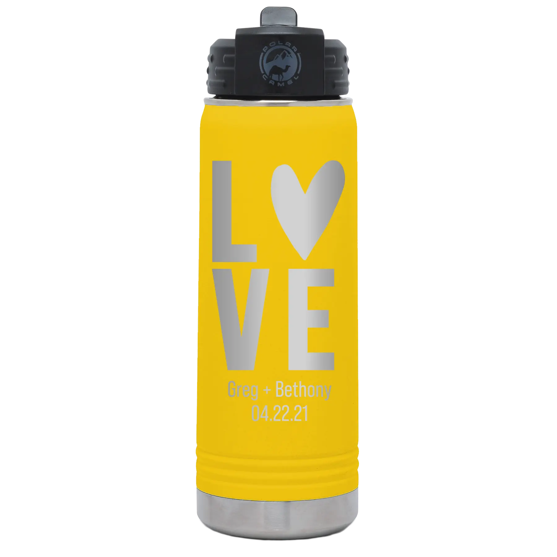 Personalized yellow 20 oz vacuum insulated water bottle with 'Heart Love' design