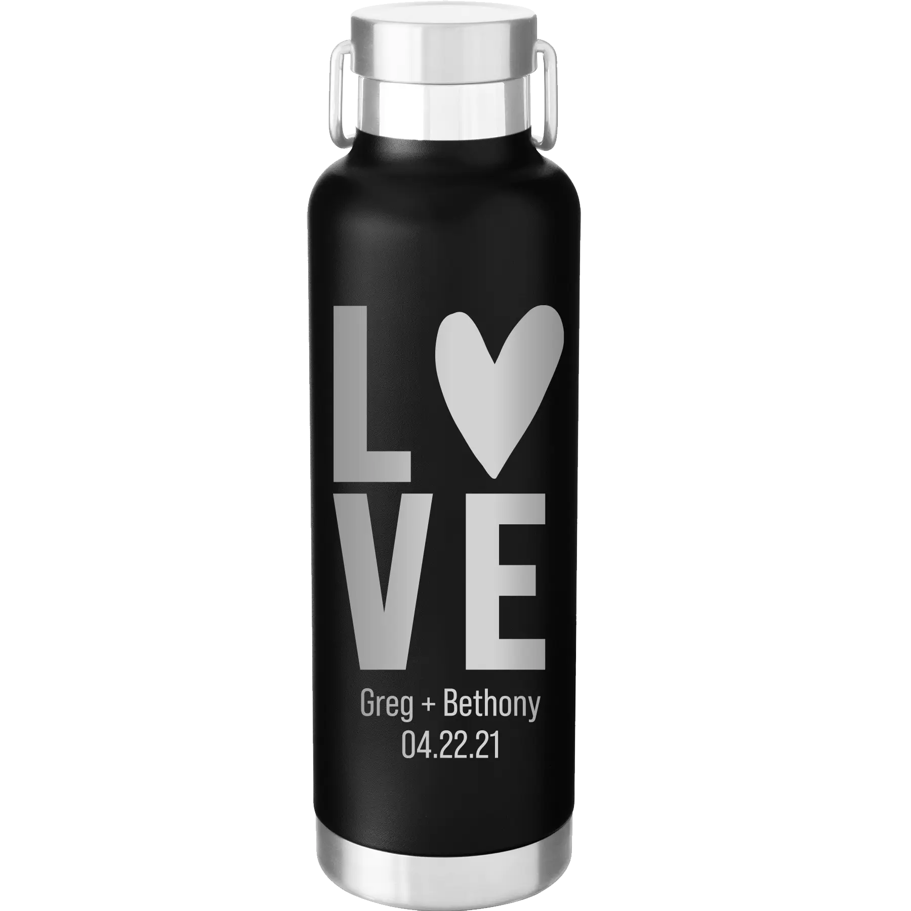 Personalized black 24 oz vacuum insulated water bottle with 'Heart Love' design