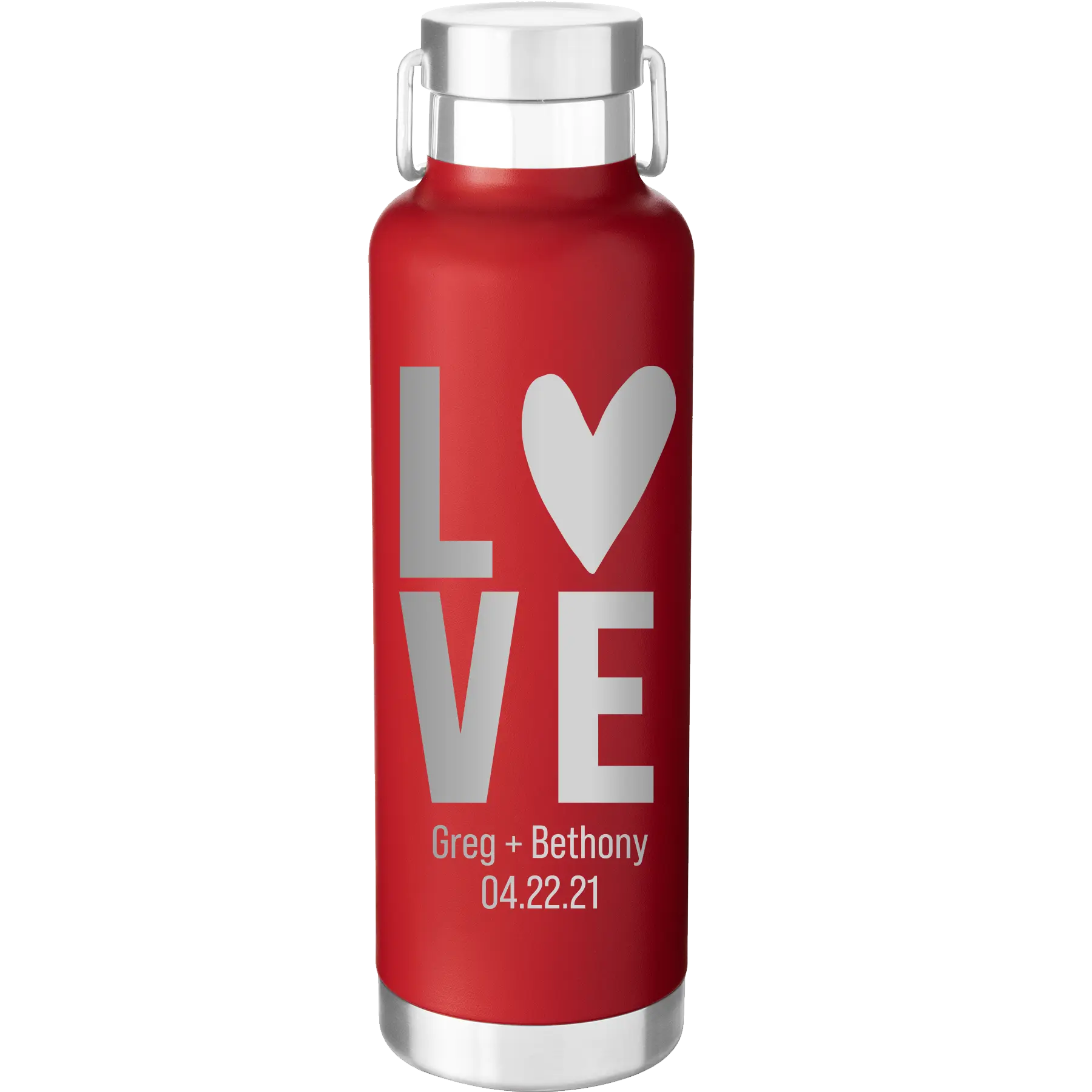 Personalized red 24 oz vacuum insulated water bottle with 'Heart Love' design