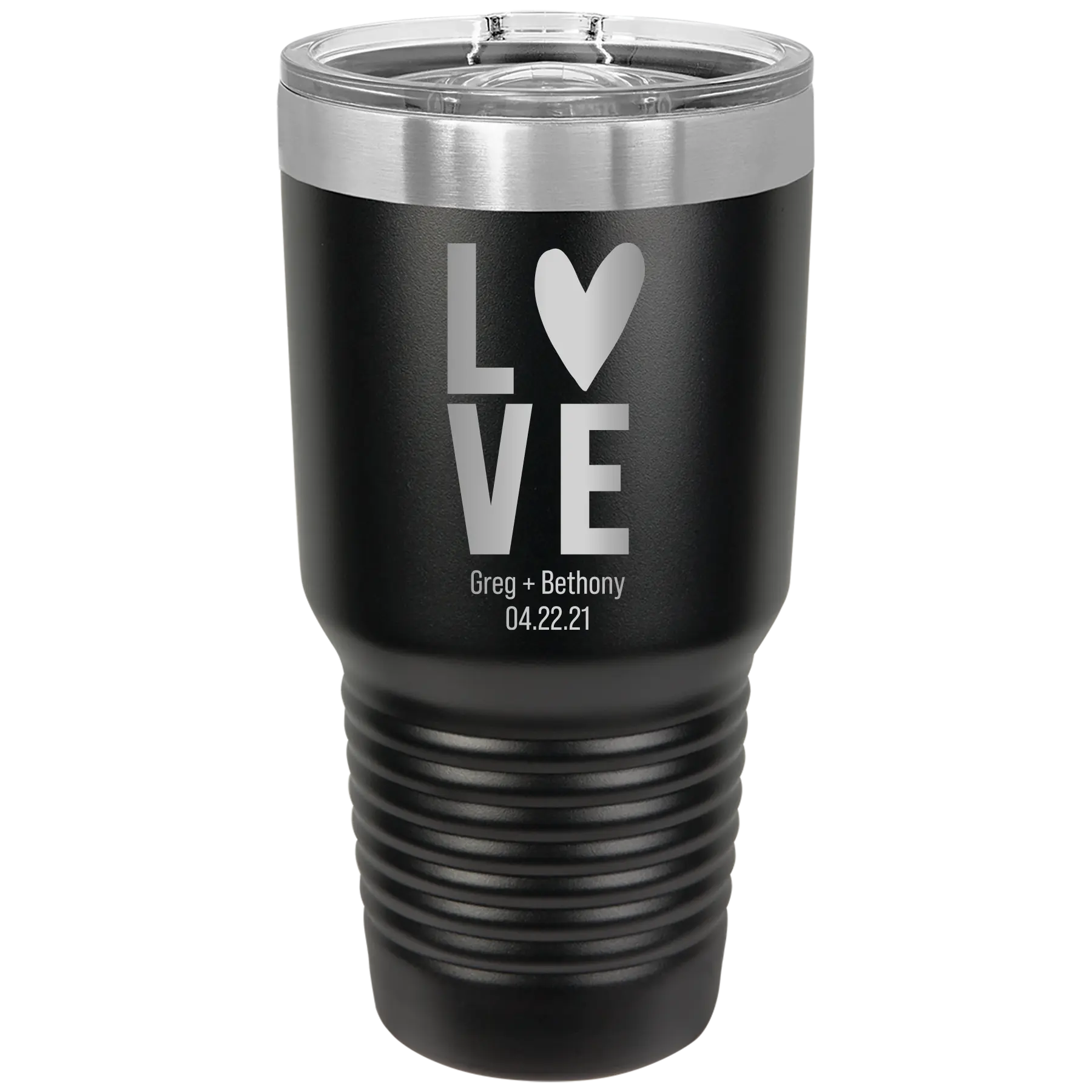 Personalized black 30 oz vacuum insulated tumbler with 'Heart Love' design