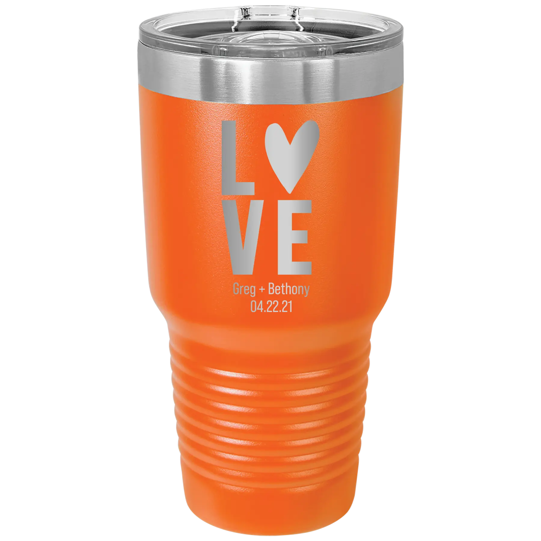 Personalized orange 30 oz vacuum insulated tumbler with 'Heart Love' design
