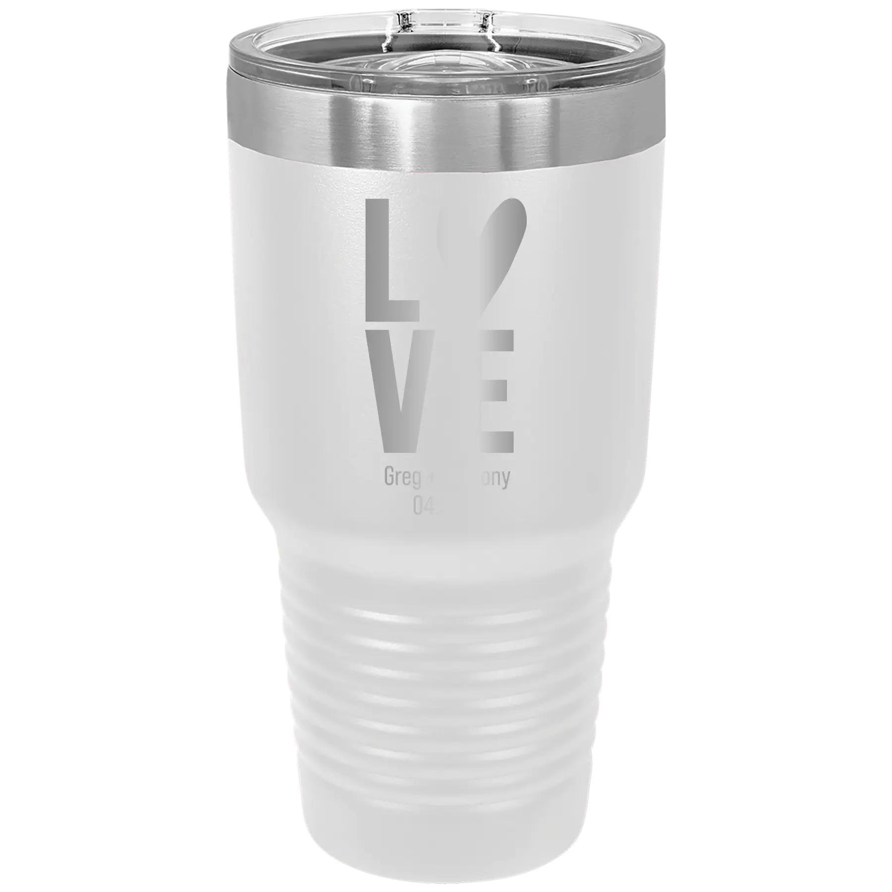 Personalized white 30 oz vacuum insulated tumbler with 'Heart Love' design