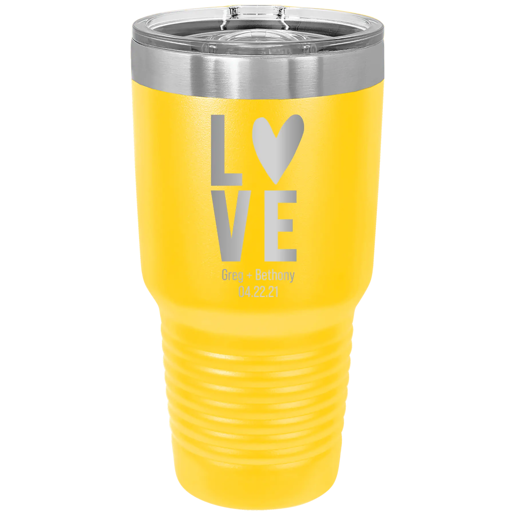 Personalized yellow 30 oz vacuum insulated tumbler with 'Heart Love' design