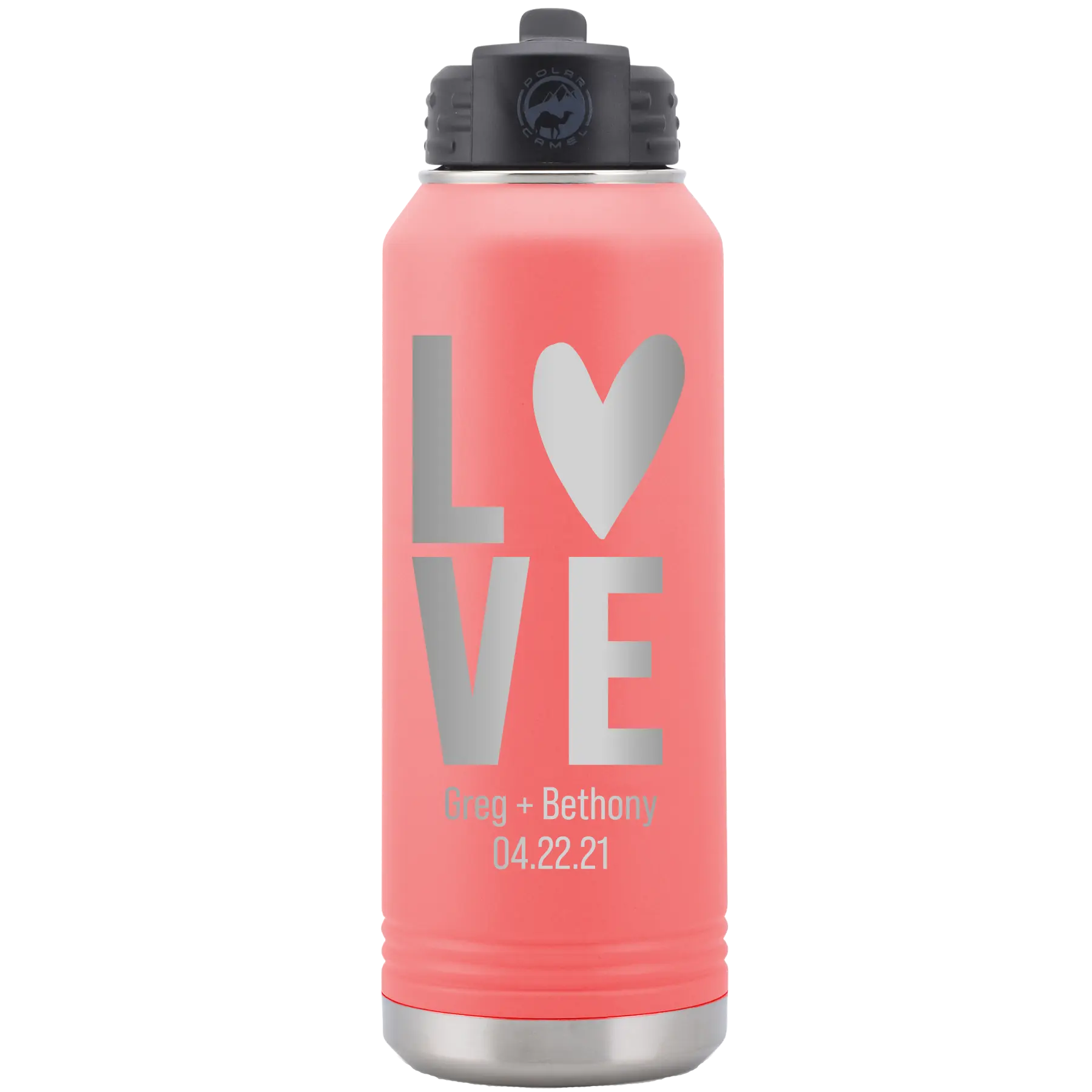 Personalized coral 32 oz vacuum insulated water bottle with 'Heart Love' design
