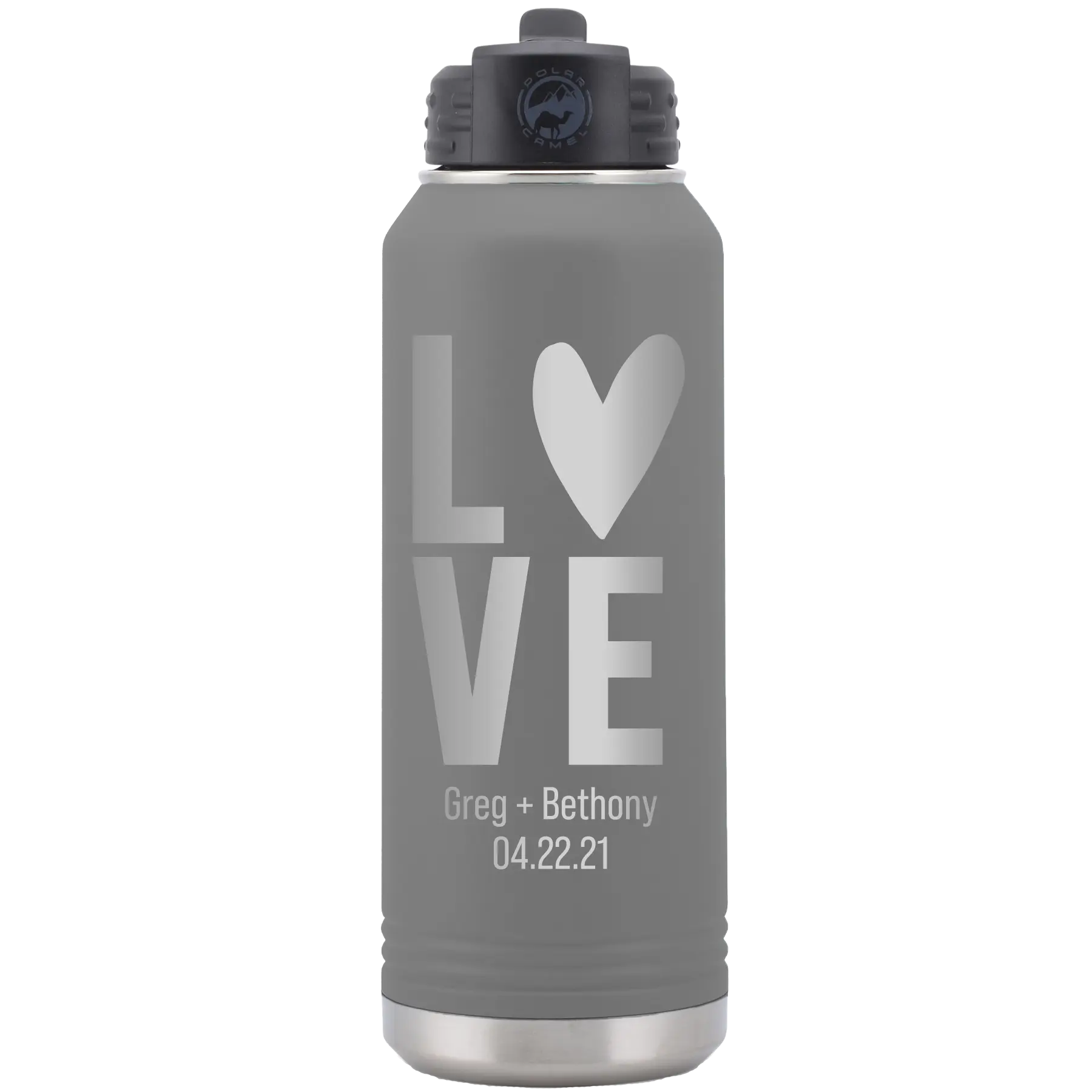 Personalized dark gray 32 oz vacuum insulated water bottle with 'Heart Love' design