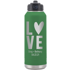 Personalized green 32 oz vacuum insulated water bottle with 'Heart Love' design