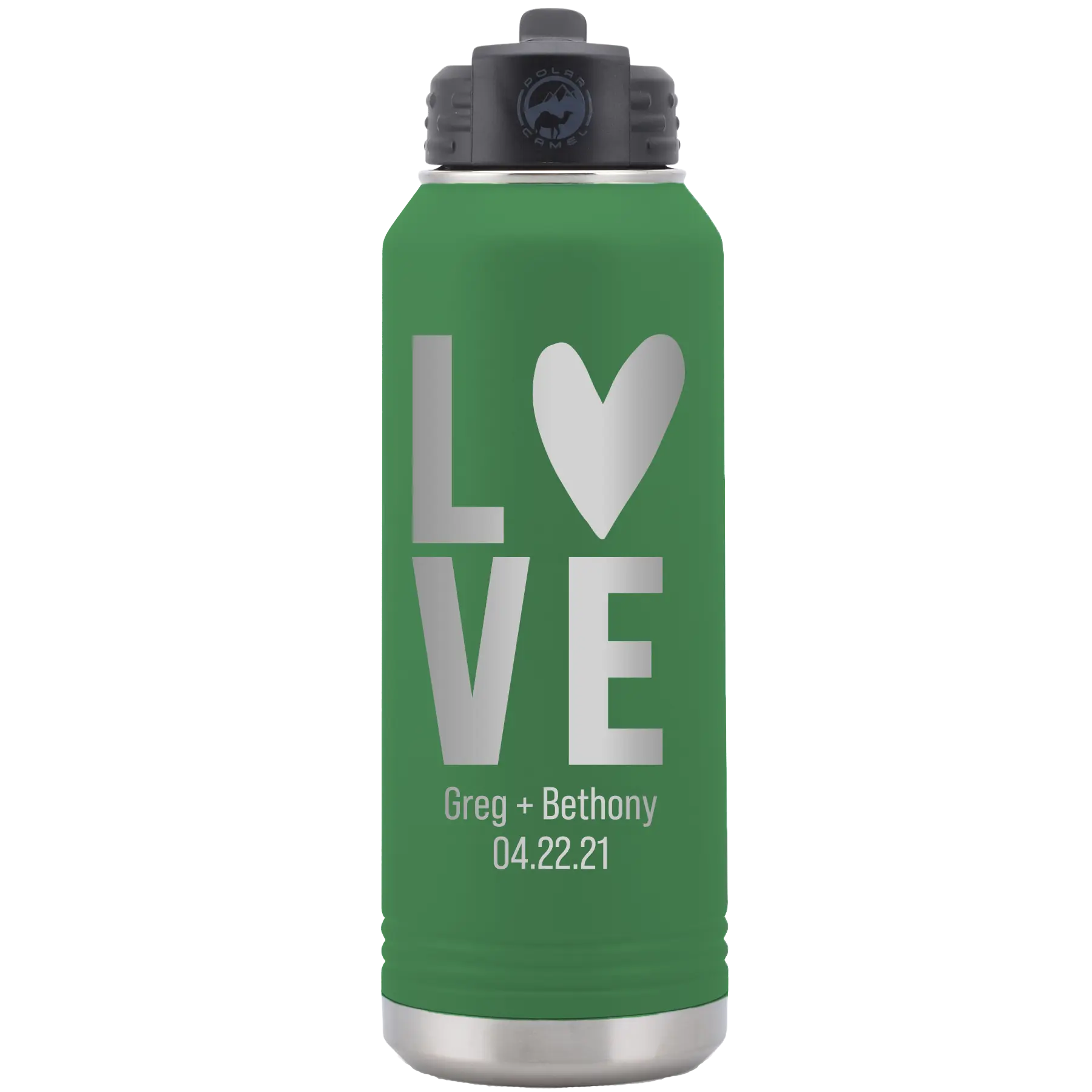 Personalized green 32 oz vacuum insulated water bottle with 'Heart Love' design