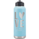 Personalized light blue 32 oz vacuum insulated water bottle with 'Heart Love' design