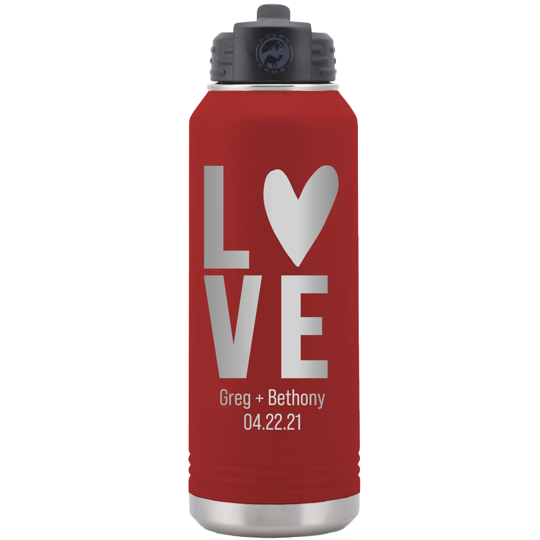 Personalized maroon 32 oz vacuum insulated water bottle with 'Heart Love' design