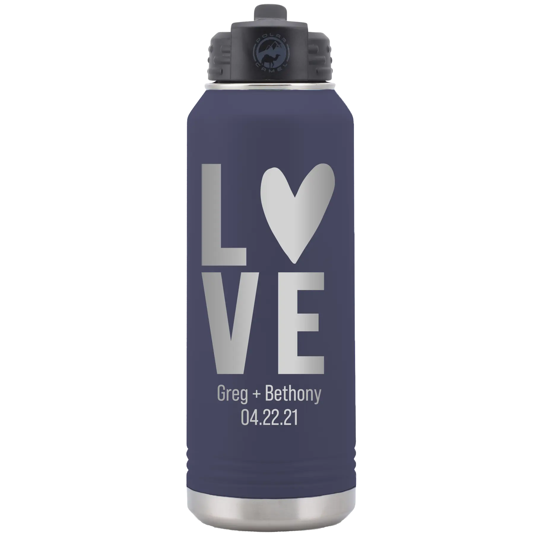 Personalized navy 32 oz vacuum insulated water bottle with 'Heart Love' design
