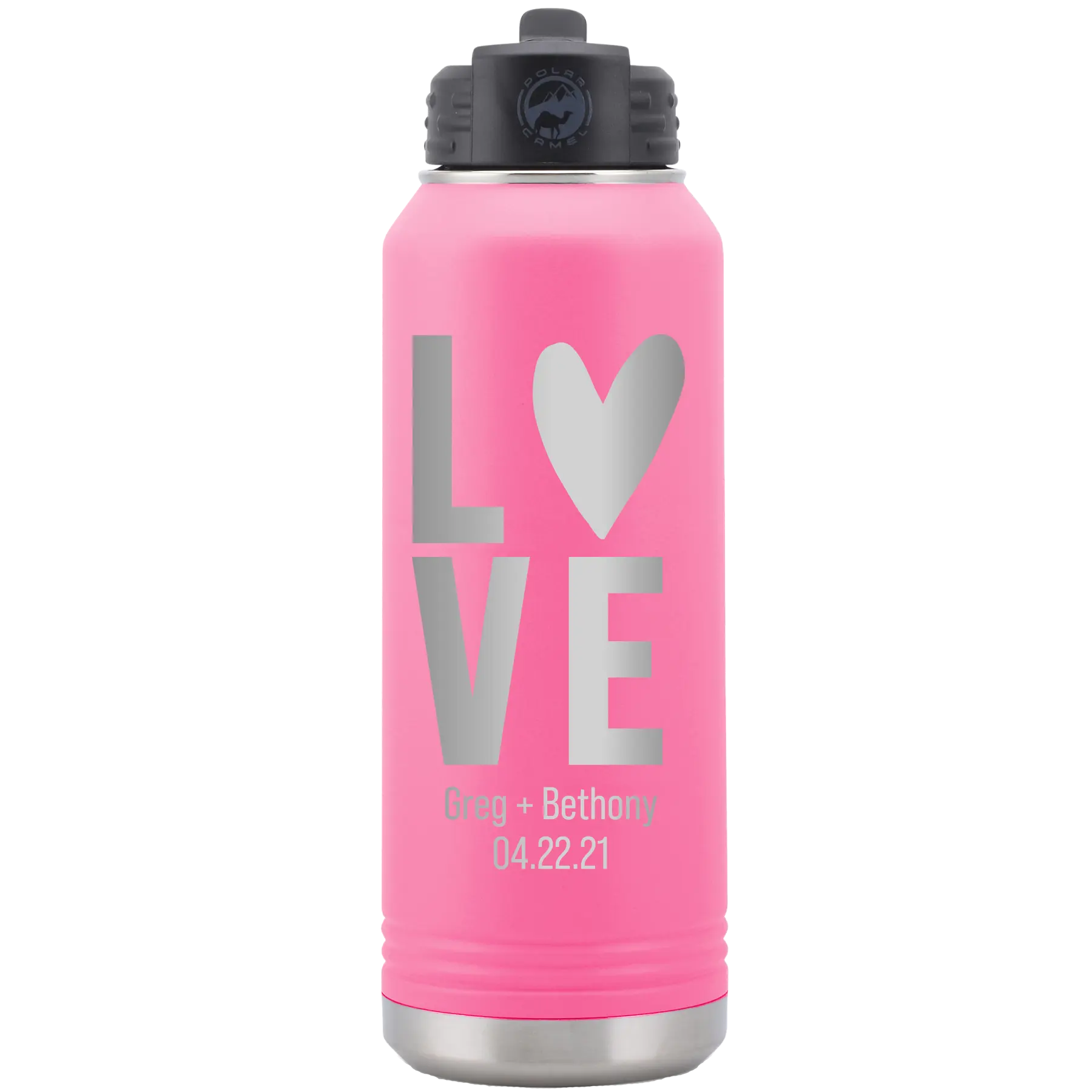 Personalized pink 32 oz vacuum insulated water bottle with 'Heart Love' design