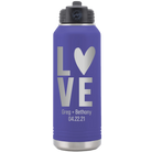 Personalized purple 32 oz vacuum insulated water bottle with 'Heart Love' design