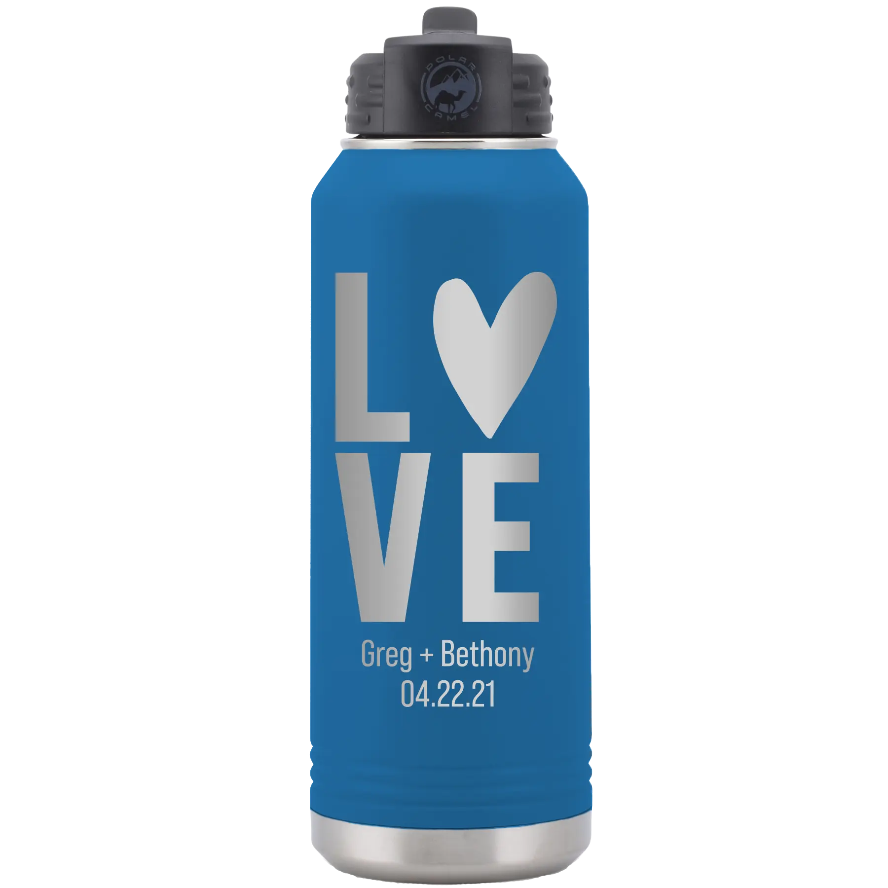 Personalized royal blue 32 oz vacuum insulated water bottle with 'Heart Love' design