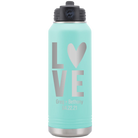 Personalized teal 32 oz vacuum insulated water bottle with 'Heart Love' design