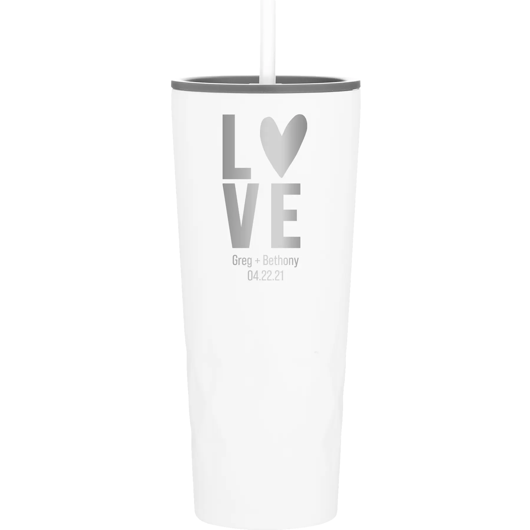Personalized white 20 oz vacuum insulated tumbler with 'Heart Love' design