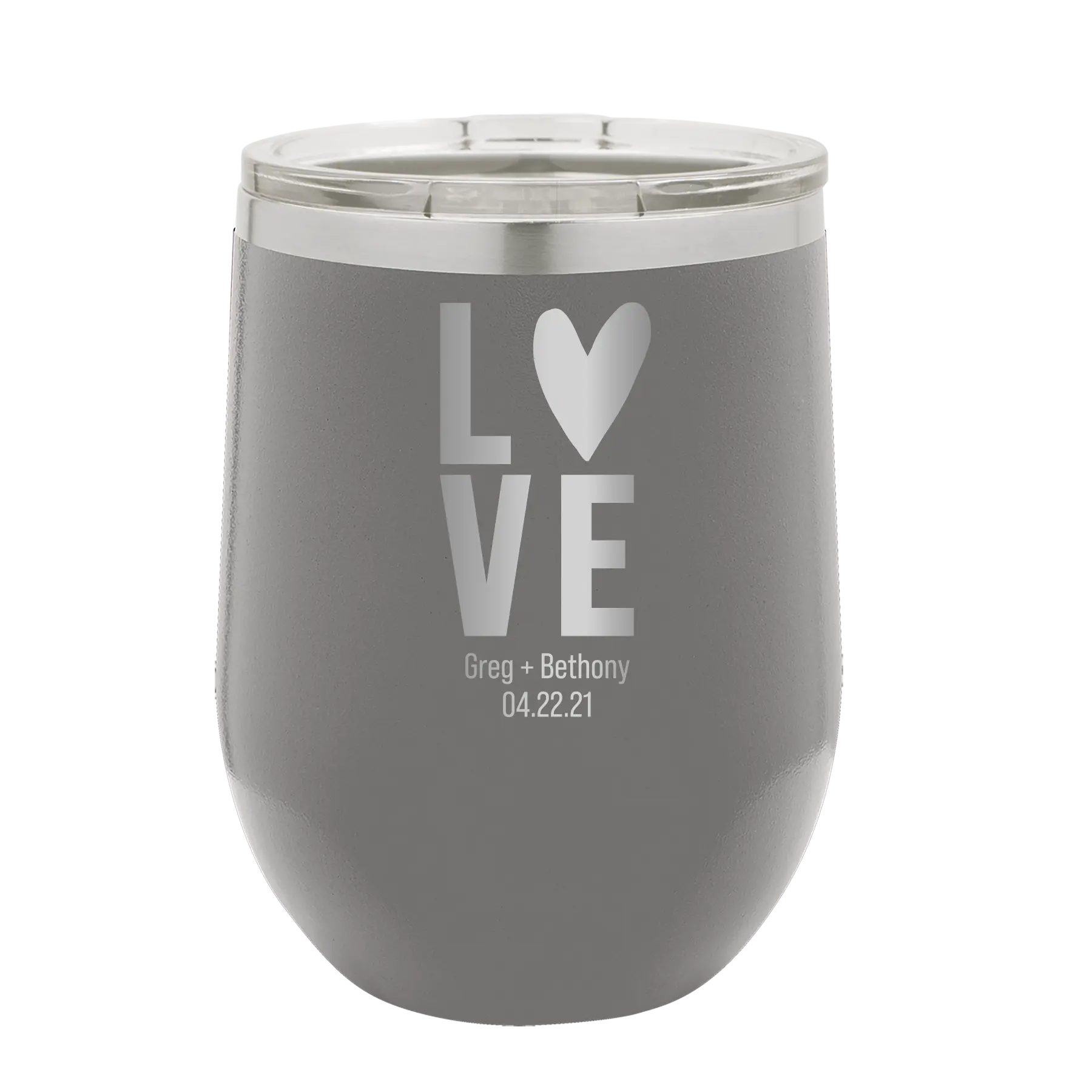 Personalized dark gray 12 oz vacuum insulated wine cup with 'Heart Love' design