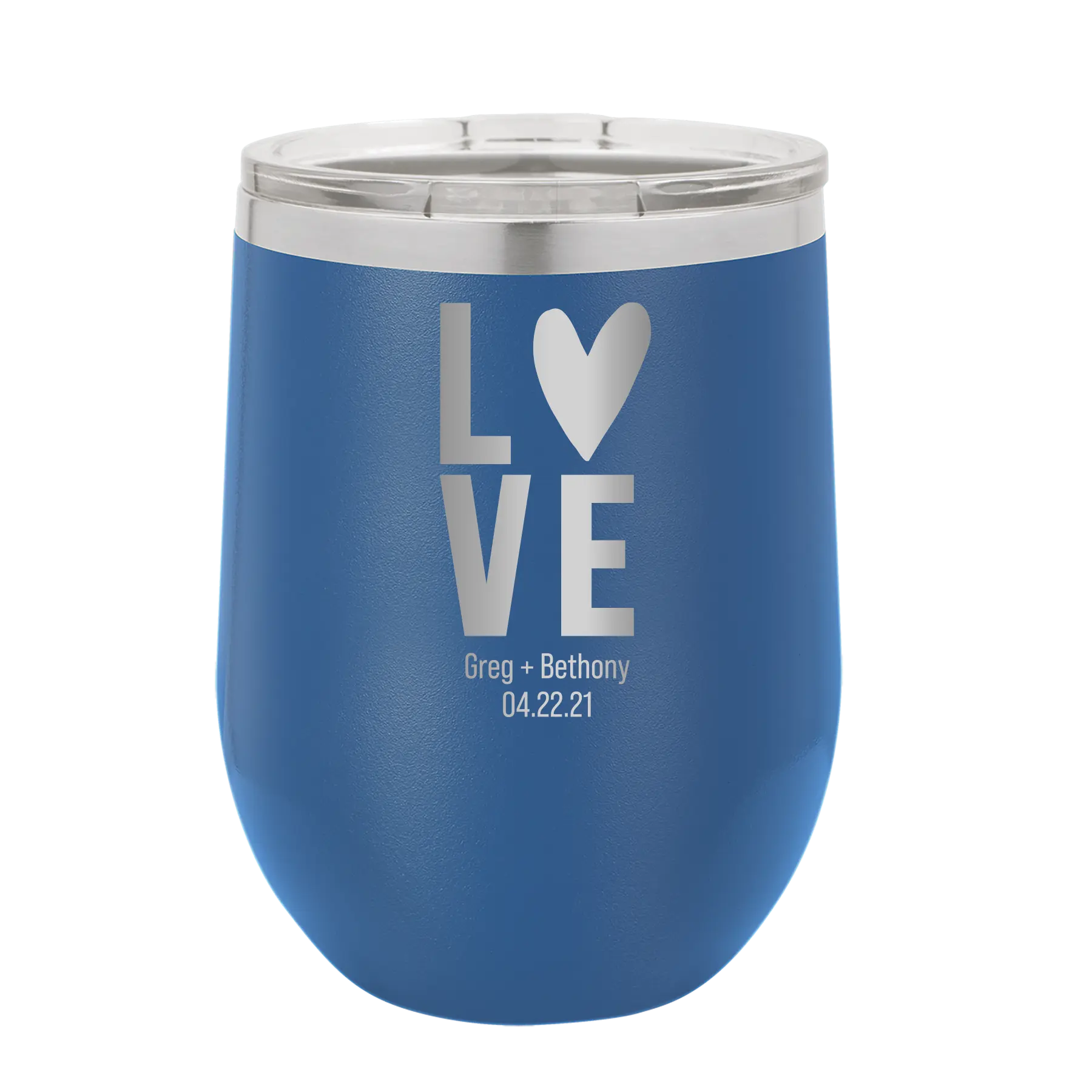 Personalized royal blue 12 oz vacuum insulated wine cup with 'Heart Love' design