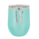 Personalized teal 12 oz vacuum insulated wine cup with 'Heart Love' design