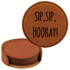 Rawhide round leatherette coasters set and holder laser etched with 'Sip Sip Hooray' design