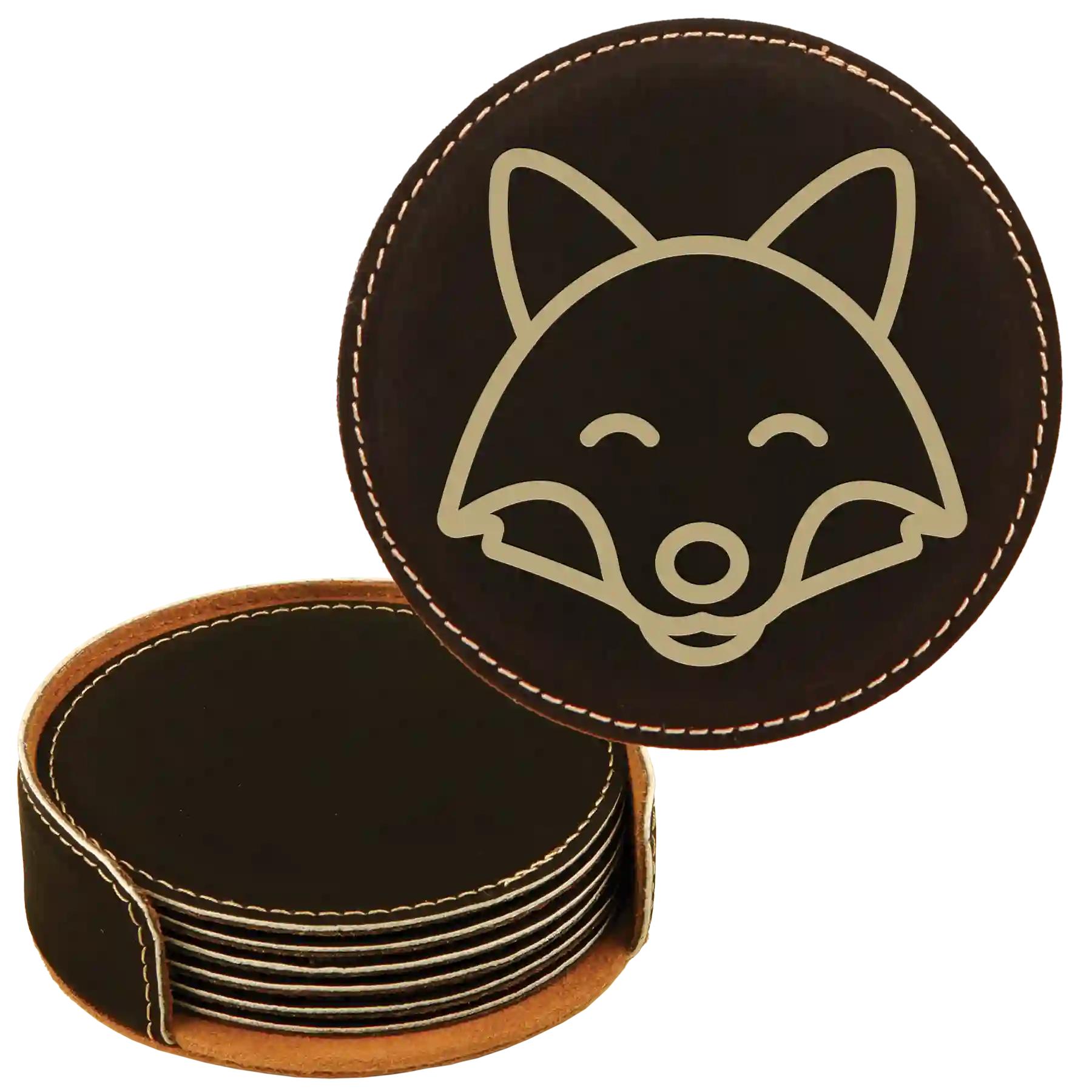 Black/Gold round leatherette coasters set and holder laser etched with 'Animal Theme' design